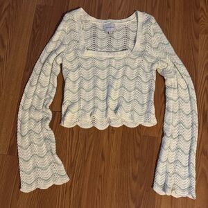 Vintage Y2k Pink Rose White Crochet Knit Scalloped Hem‎ Bell Sleeve Top Size M